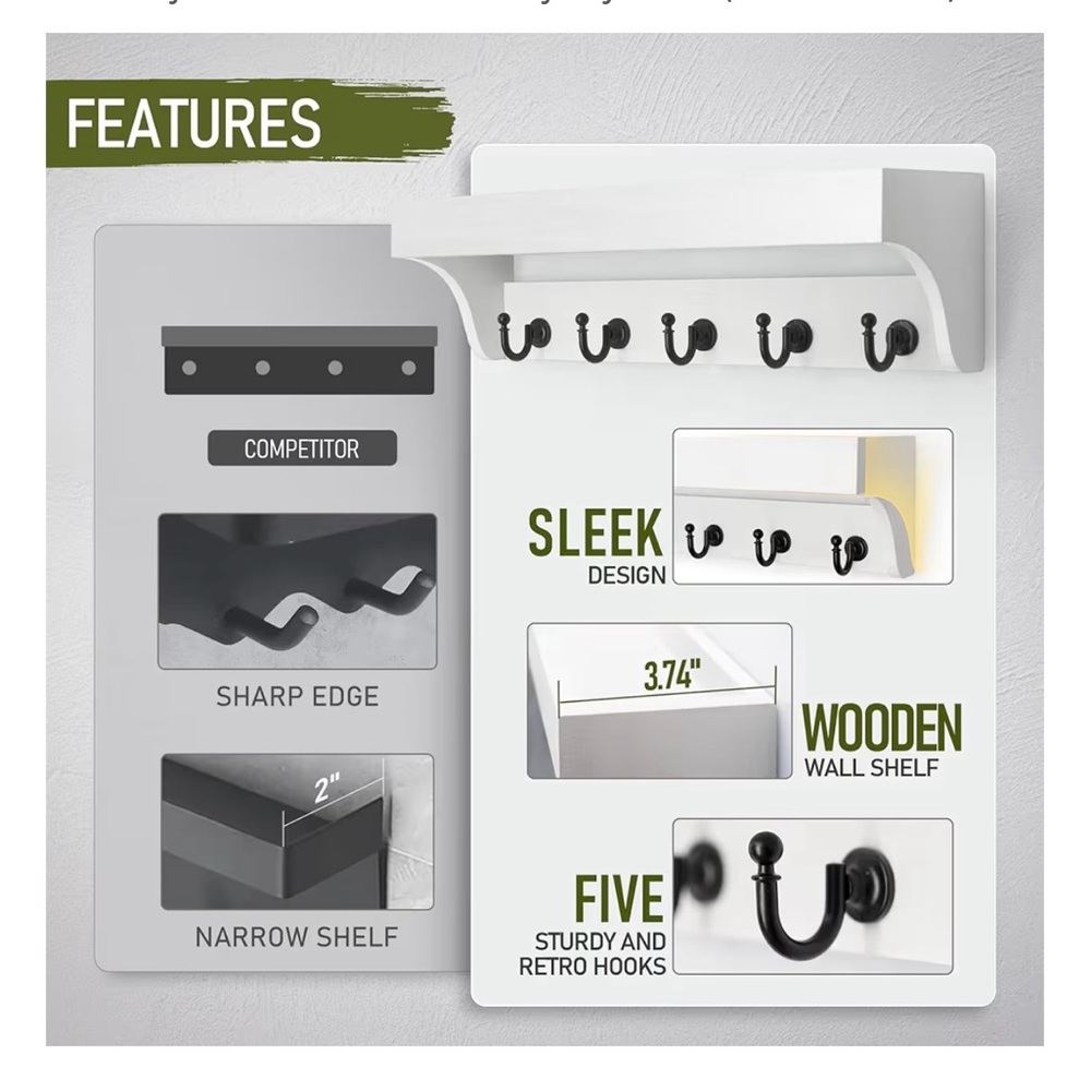 Key and Mail Holder for Wall with Floating Shelf : Decorative Hanging Organizer - Picture 6 of 10